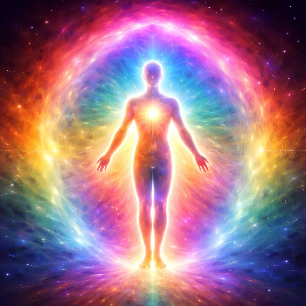 Ilustrație spirituală cu silueta unui om înconjurat de o aură energetică multicoloră, reprezentând câmpul energetic al corpului uman.